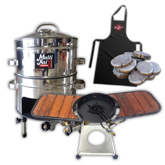 MultiKai 2 Basket Cooker with Trolley and Wooden Side Benches