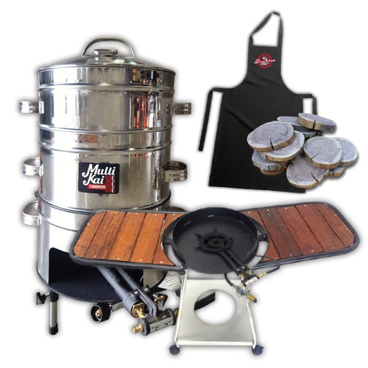 MultiKai 3 Basket Cooker with Trolley and Wooden Side Benches